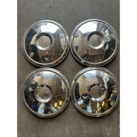 Vintage Antique 1965 Fiat Set Of 4 Wheel Chrome Hubcaps Dog Dish Poverty Caps - Picture 1 of 2